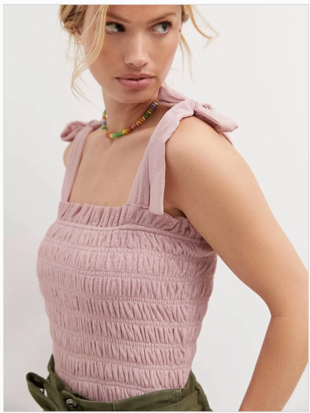 by Anthropologie Smocked Cami Tank Top Tulle Rose Tie Strap Square Neck size sma